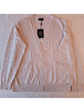 Beige Cardigan in 100% Extra Fine Merino Wool for Men, Snover, Large, NWT